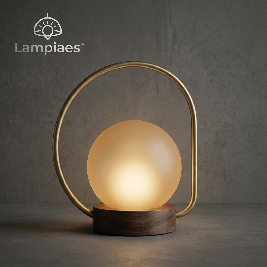 Lampiaes™ Eclipse Aura™ Asymmetric Brass & Walnut Ambient Orb Lamp