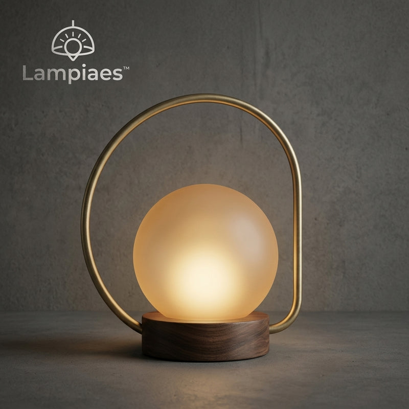 Lampiaes™ Eclipse Aura™ Asymmetric Brass & Walnut Ambient Orb Lamp